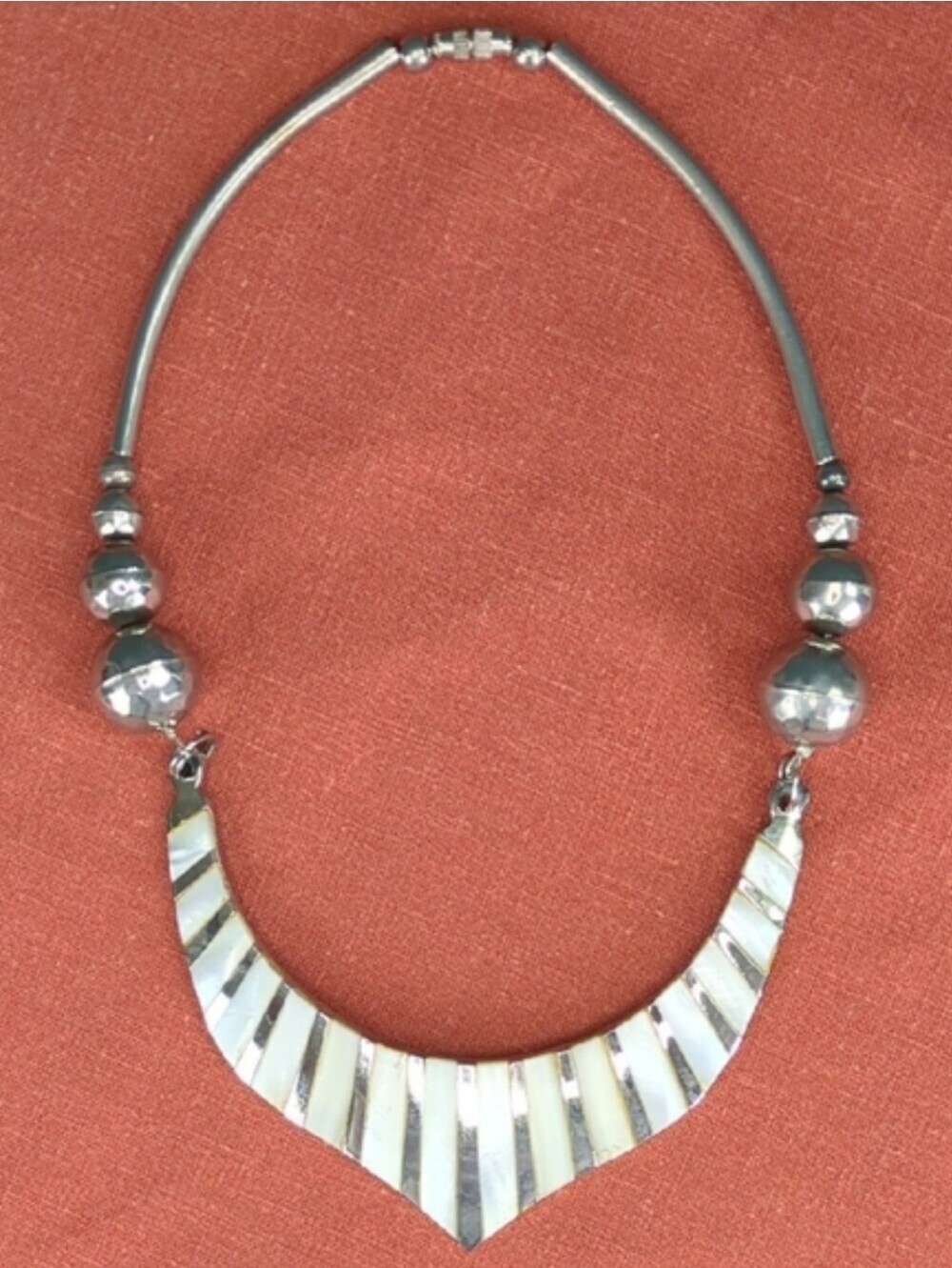 Vintage Tribal Silver Necklace With Inlaid Mother Of Pearl